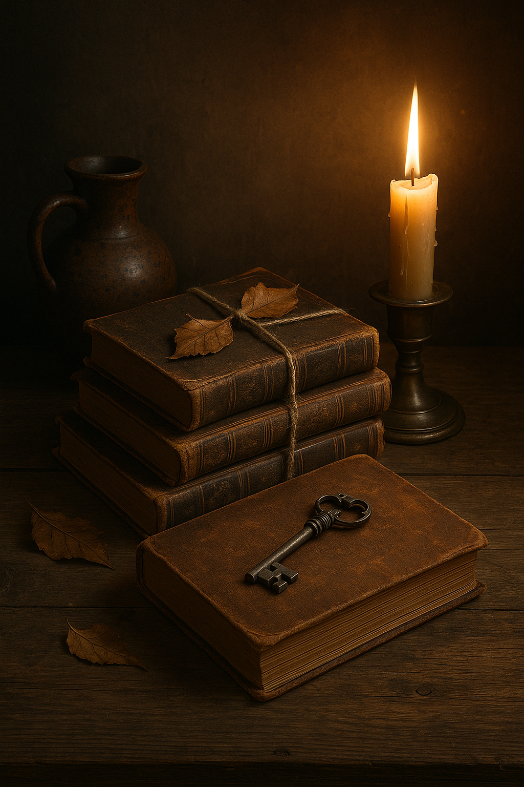 Still life of old books and candlelight