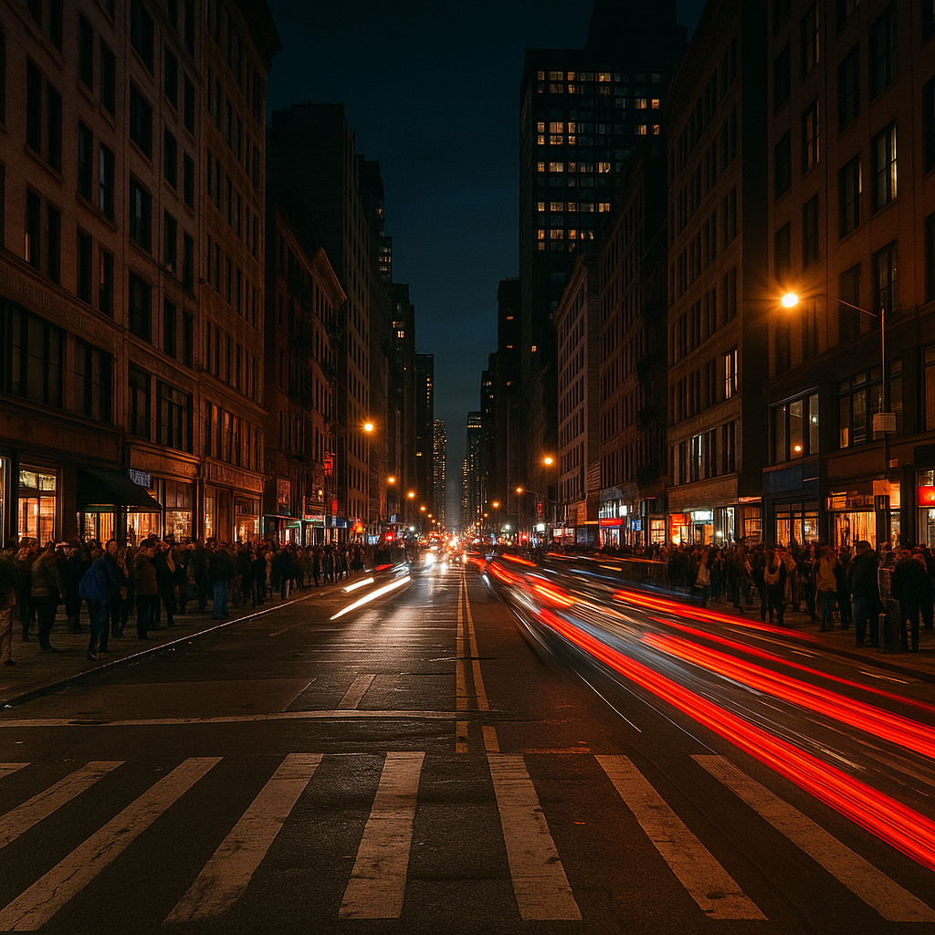Busy city street at night